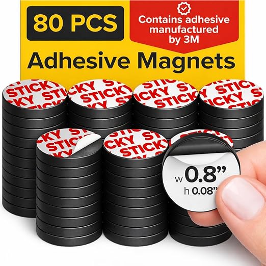 Sticky Flexible Adhesive Magnets for Crafts, 0.8"x0.08" (20x2mm), 80 pcs | Flexible Sticky Magnetic Dots for Office & School Supplies, Whiteboard, Crafts, Fridge, School Projects & Classroom Decor