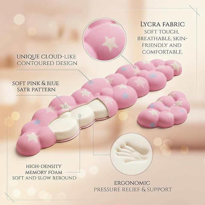 Cloud Wrist Rest Set for Keyboard & Mouse, 16.9", Pink Colorful Star | Memory Foam Arm Rest with Ergonomic Support Fits Full Keyboards and Reduces Typing Fatigue for Office, Gaming and Home Use
