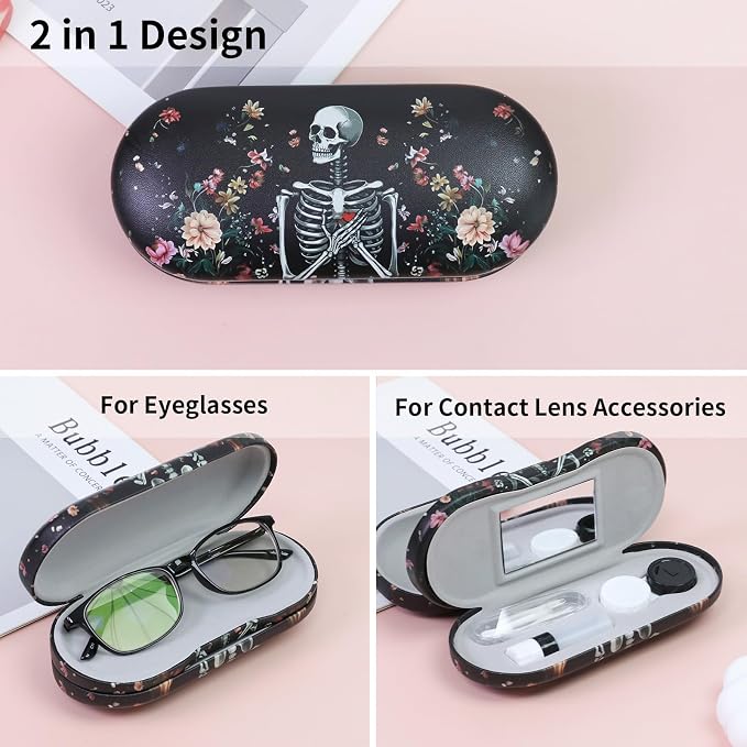 2 in 1 Contact Lens Case and Eyeglasses Case for Women Men Kids, Double Sided Hard Shell Portable Glasses Travel Holder with Built-in Mirror, Contact Lens Box Storage Kit (Black Skull)