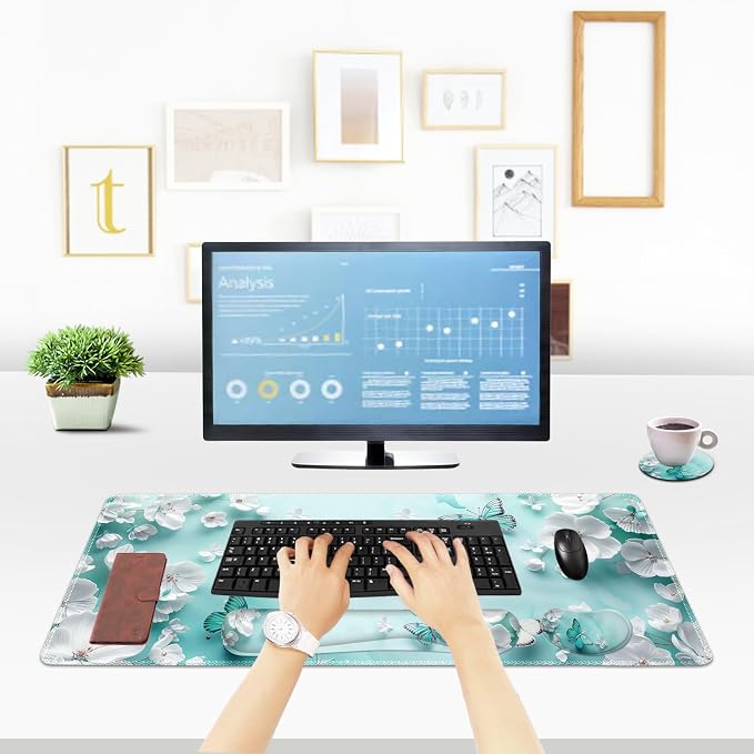 ToLuLu Large Mouse Pad Desk Pad, Wrist Rest Desk Mat for Keyboard and Mouse | 4PCS 35.4”x15.7" XXL Giant Mouse Pad, Non-Slip Base Stitched Edges Mousepad for Home Office, Teal Butterfly