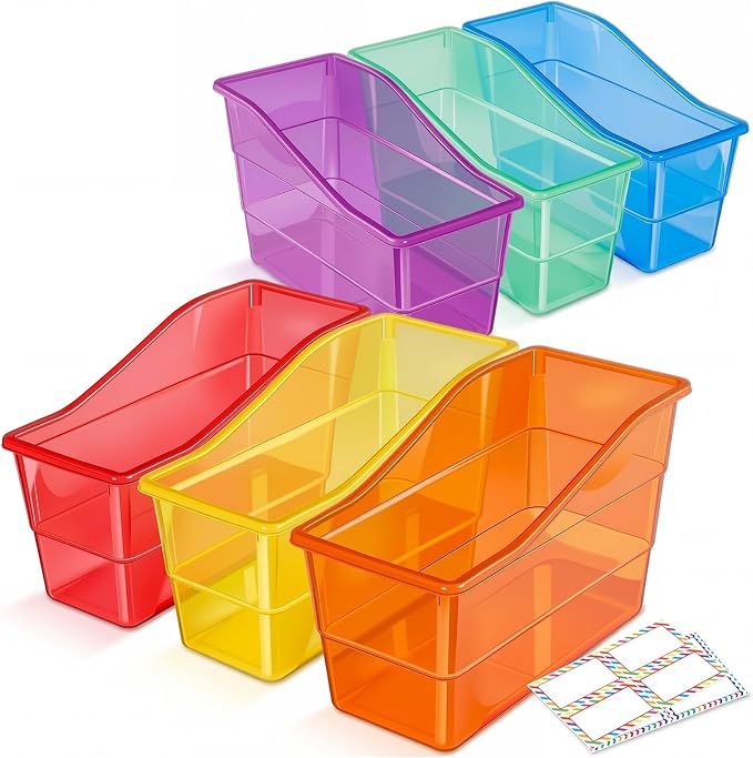 Blosssound 6 Set Book Bins for Classroom Stackable,Translucent Colorful | Plastic Baskets with Labels, Slanted Front, Library Supplies Organizers, Desktop Storage Bins, Teachers Home School Use
