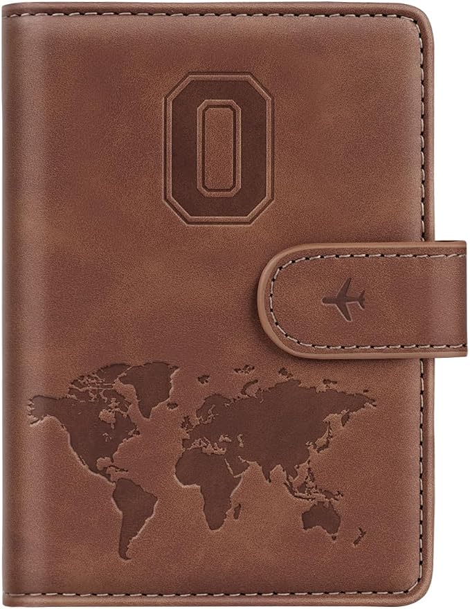Passport Holder Wallet Cover Personalized Initial Travel Essentials | Embossed Letter A-Z Design, Travel Wallets, RFID Blocking, Passport Book Holders, Women Men, Personalized Gifts, Brown-O