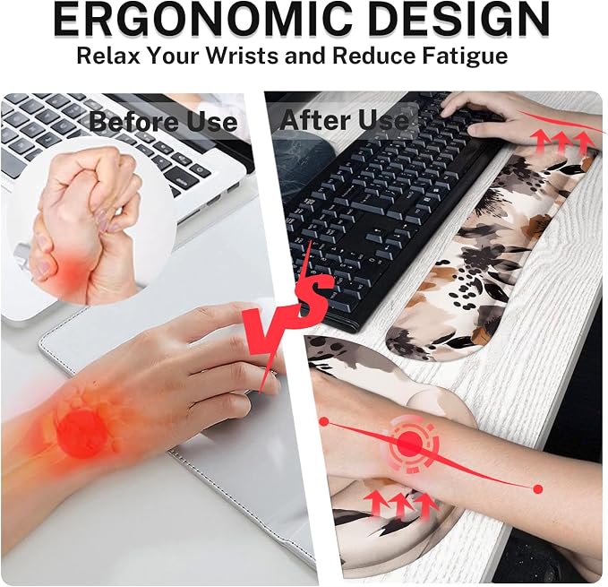 Ergonomic Mouse Pad Set with Wrist Rest, Boho Tribal | Flower Brown Non-Slip Rubber Base Wrist Cushion Support and Coasters Mousepad with Wrist Support for Computer Keyboard