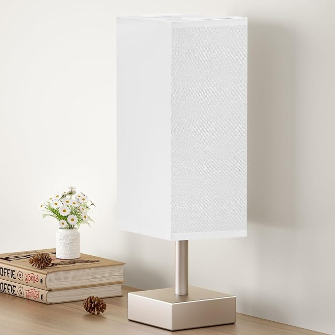 Antique White Small Bedside Lamp for Bedroom - Square White Fabric Shade | Inline Rocker Switch, Corded Electric, Bulb Not Included, 12.8" Mini Table Lamp for Nightstand, Desk, Dorm, Office