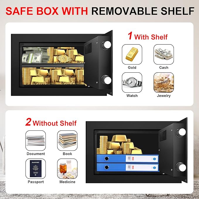 1.0 Cub Small Safes for Home Use Fire and Water Proof, Digital Security Fire Safe Box with Combination Lock, Spare Keys and Removable Shelf, Home Safe Fireproof Waterproof for Document Money Valuables