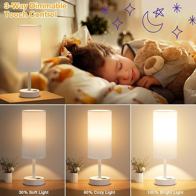 Dicoool Bedside Table Lamp for Bedroom - 3-Way Dimmable Touch Lamp, USB A+C | LED Bulb Included, 14" Small Nightstand Lamp for Desk, Living Room, Guest Room, White Fabric Lampshade, White Metal Base