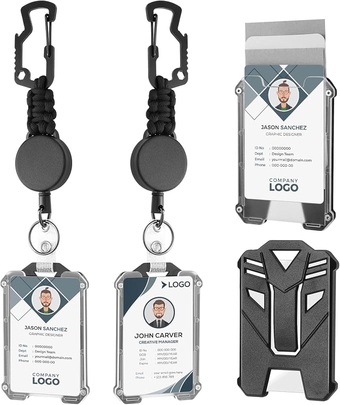 2 Set Retractable Badge Holders Heavy Duty Badge Reel Retractable Keychain with Tactical ID Card Holders