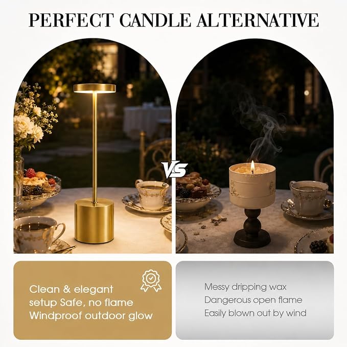 AUDLES Gold Cordless Table Lamps Set of 2, Brass Rechargeable Lamp, Battery Operated Lamps for Wedding Centerpiece & Holiday Tablescape, Touch Dimmable Glam Bedroom Nightstand Lamp, IP54 Waterproof