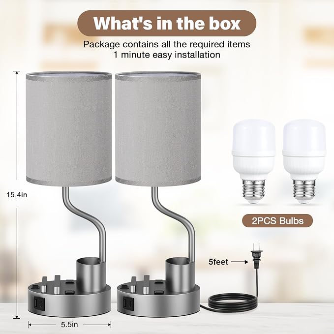 Bedside Lamps for Bedroom Set of 2 - Table Desk Lamp for Nightstand | 15" Table Lamp for Living Room with Pen Holder & Phone Stand, USB A+C Port, AC Outlet, 3 Color Temperature, LED Bulb Included