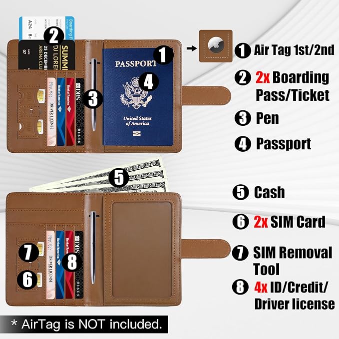GOAUS Passport Holder for Travel with AirTag Slot, Passport Book Wallet | Cards Cash Pocket, RFID Blocking, Waterproof, Passport Case, Travel Gifts for Women Men, Faux Leather, AirTag Not Included