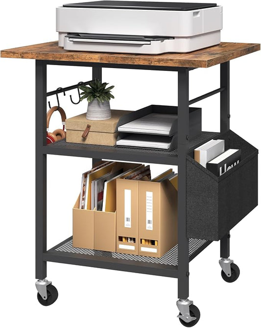 MAHANCRIS 3-Tier Printer Stand, Rolling Printer Table on Wheels, Industrial Storage Stand with Side Pocket, Wooden Tabletop, 2 S-Shaped Hooks, for Home Office, Rustic Brown and Black PTHR2501