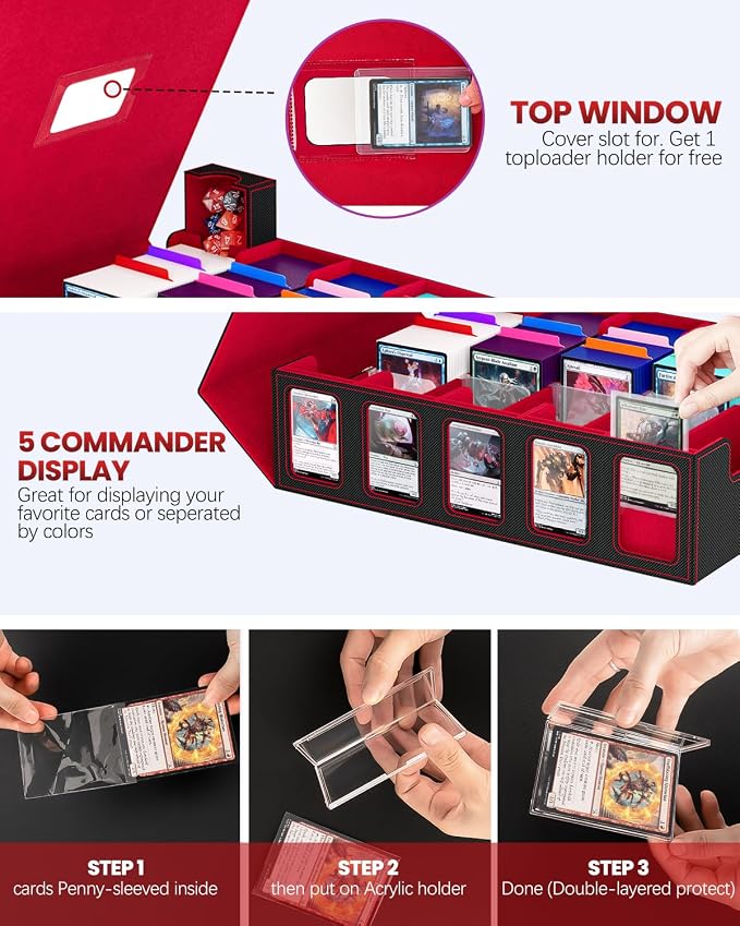 Trading Card Storage Box, 5 Row Card Deck Case with Commander Display & Portable Handle, 4200+ Card Deck Boxes Compatible for MTG TCG Magic Cards, 30 Divider, 8 Supporters, 1 Dice Tray (Black & Red)