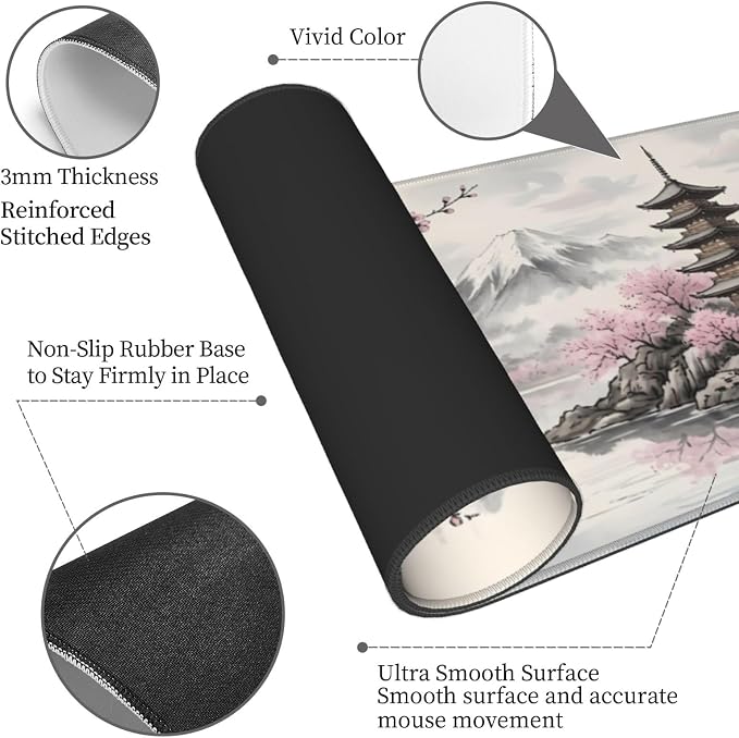 Cherry Blossom Gaming Mouse Pad Large Extended Desk Mat Non-Slip Rubber Base Keyboard Pad with Stitched Edges for Office Gaming 31.5x11.8 in