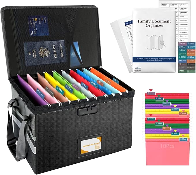 Deluxe Next of Kin Box Organizer with Labels,Estate Planning Organizer Kit | Fireproof Home & Office Organization with Family Document Guide,Foldable Document Organizer for Family,Combination Lock