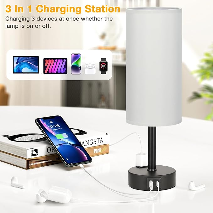 PartageiZ Grey Touch Table Lamps Set of 2-3 Way Dimmable Bedroom Lamps for Bedside with USB C and A Ports, Small Nightstand Lamps with AC Outlet, Desk Lamps with Black Base for Office Boys | 3-Way Dimmable, LED Bulb Included, Grey Fabric Lampshade, Mat...