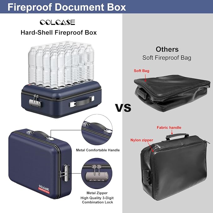 Fireproof Document Box with Lock, Hard Fireproof Document Organizer | Hard-Shell Fireproof Waterproof Safe Box with Combination Lock Blue