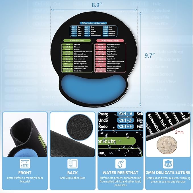 KONVINIT Ergonomic Mouse Pad with Wrist Rest, Small Excel Cheat Sheet Desk Pad with Windows & Office & Excel Shortcuts, Non-Slip Rubber Base Mouse Pads for Desk with Smooth Surface, Black Blue