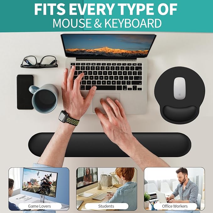 Mouse Pad Wrist Support, Ergonomic Memory Foam Keyboard Wrist Pad & Gel Wrist Rest Set for Computer Keyboard for Easy Typing & Pain Relief for Office & Home(Black Set)