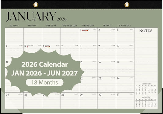 2026 Desk Calendar, Large Desktop/Wall Monthly Calendar (Jan. 2026 - Jun. 2027) 17'' x 12'' School Year Desk Planner for Teacher Family School Office Supplies