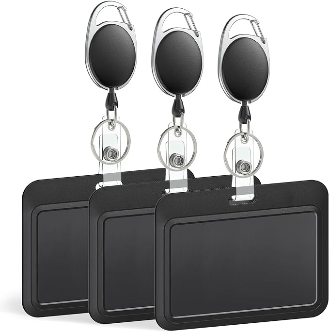 Uniclife 3 Pack Sliding Badge Holder Hard Black Horizontal Plastic Card Case Protector with Retractable Badge Reel Carabiner for Office School ID Credit Proximity Key Card Driver’s License and Pass