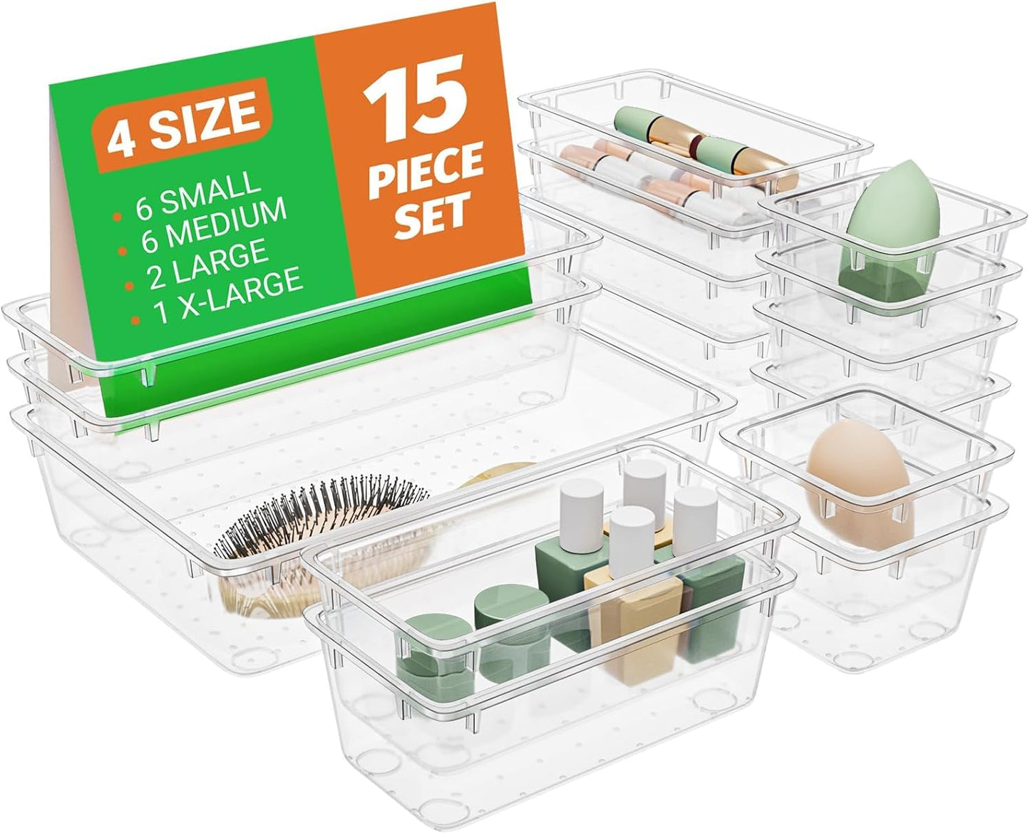 15 PCS Clear Plastic Drawer Organizer Set, 4-Size Acrylic Drawer Storage Trays, Storage Bins for Makeup, Gadgets, and Jewelry in Bathroom, Bedroom and Office, Clear