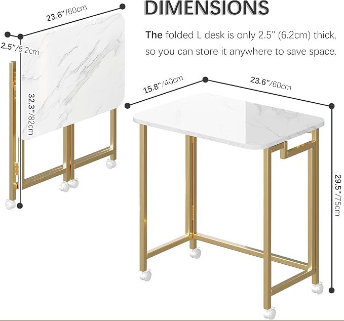 4NM 23.6" Mobile Small Rolling Computer Desk, Folding Laptop Cart Table with Wheels, Portable Office Desk for Small Space Couch Bed - White and Golden