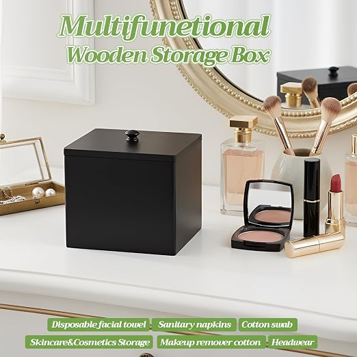 Disposable Face Towel Holder Wooden Facial Towel Storage Box with Lid for XL Black Bathroom Counter Organizer for Makeup Remover Wipes Vanity Travel Essentials