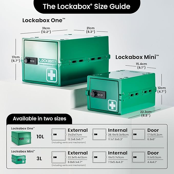 Lockabox One™ | Premium Medicine Lock Box | Medium Medication Lock Box With Code For Medicines, Vitamins & Supplements | External Size 12 x 8 x 6.6 inches (Medi Green)