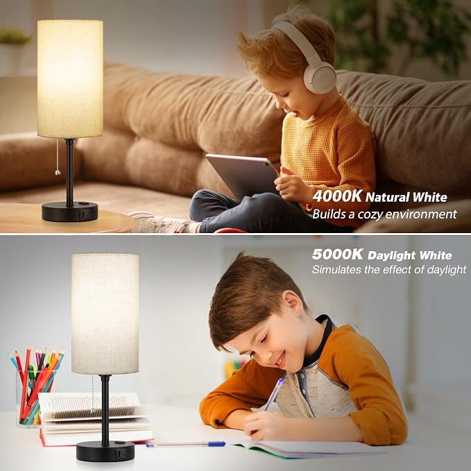 17in Bedside Table Lamp for Bedroom, Desk Lamp with USB Ports for Dorm | USB A+C Ports, AC Outlet, 3 Color Temperatures, LED Bulb Included, Linen-Fabric Shade, Matte Black Base, 14" Night Stand Lamp