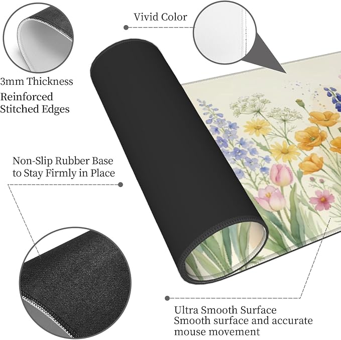 Watercolor Flowers Gaming Mouse Pad Extended Desk Mat 31.5x11.8in | Gaming Mousepad, Non-Slip Rubber Base, Large Keyboard Pad with Stitched Edges, Desktop Protector, for Office Home