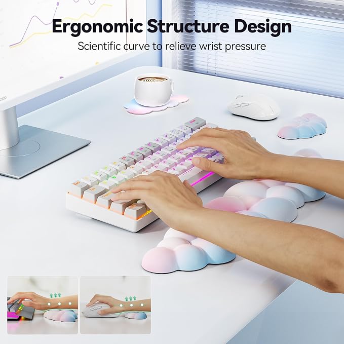 TECKNET Cloud Keyboard Wrist Rest Set, Cloud Wrist Rest with Non-Slip Base, PU Leather Wrist Pad for Keyboard with Ergonomic Memory Foam for Computer Laptop Office Gaming and Pain Relief, Rainbow