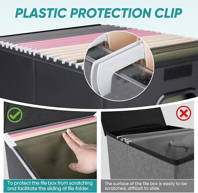 BALEINE File Organizer Box with Lid, Collapsible Hanging File Storage Box | Smooth Plastic Rails, Textured Fabric Exterior, Collapsible Hanging File Folder Box for Office Document Storage