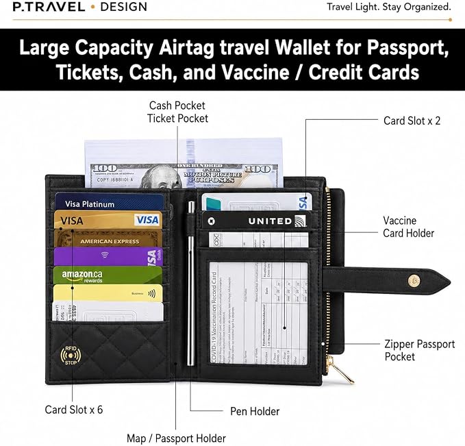 Passport Holder for Travel,Leather Passport Wallet,Travel Document Organizer with AirTag Slot,RFID Blocking With Credit Cards Case,Zippered Coins Pocket and Cash Slot for Women Men