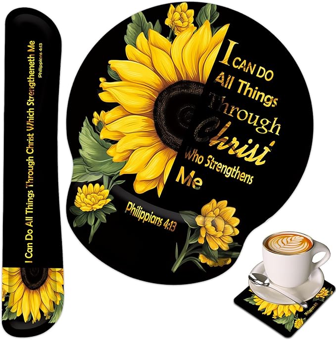 Keyboard Wrist Rest and Mouse Wrist Rest Pad with Cup Coaster,Made of Memory Foam,Ergonomic Support,Easy-Typing and Pain Relief,for Gaming Office Home Computer,Sunflower