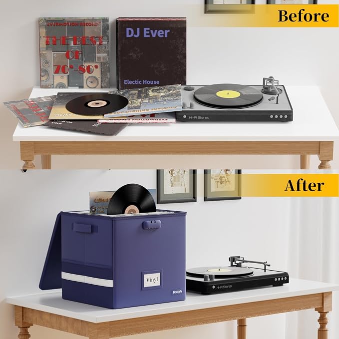 DocSafe Vinyl Record Storage Box with Lock, Fireproof＆Water Resistant Record Organizer for 100+ Single Records(12-inch), Collapsible Storage Crate with Lid&Handles for Valuable Album Collection, Blue