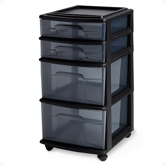 HOMZ Drawer Tower, 4-Tier Storage Cart with Removable Wheels, Black Frame | Plastic Organizer with Clear Bin Drawers for Bedroom, Bathroom, Home Office, and Dorm Rooms