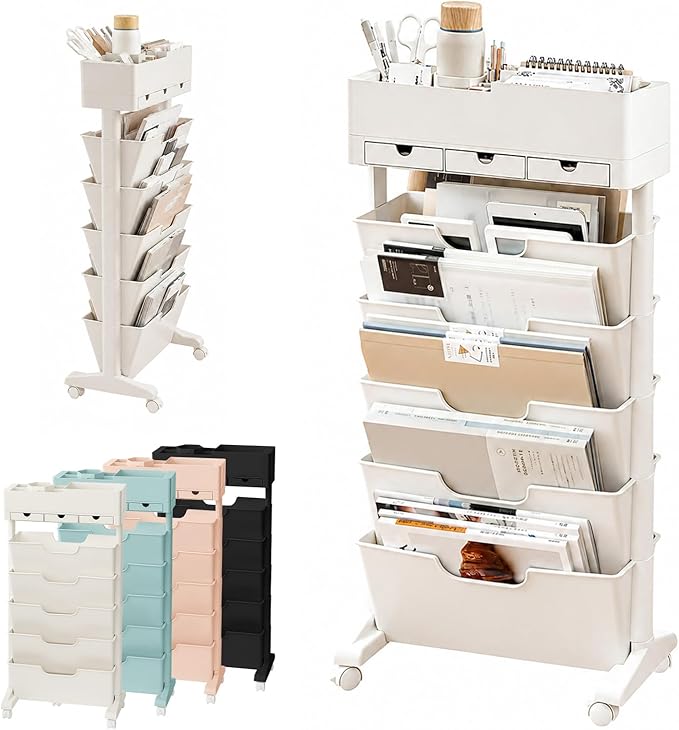 5 Tier Rolling Book Cart Multi-Functional Movable Storage Bookshelves | rolling bookshelf,Movable Storage Bookshelves with Lockable Wheels for Study Office Library Classroom,