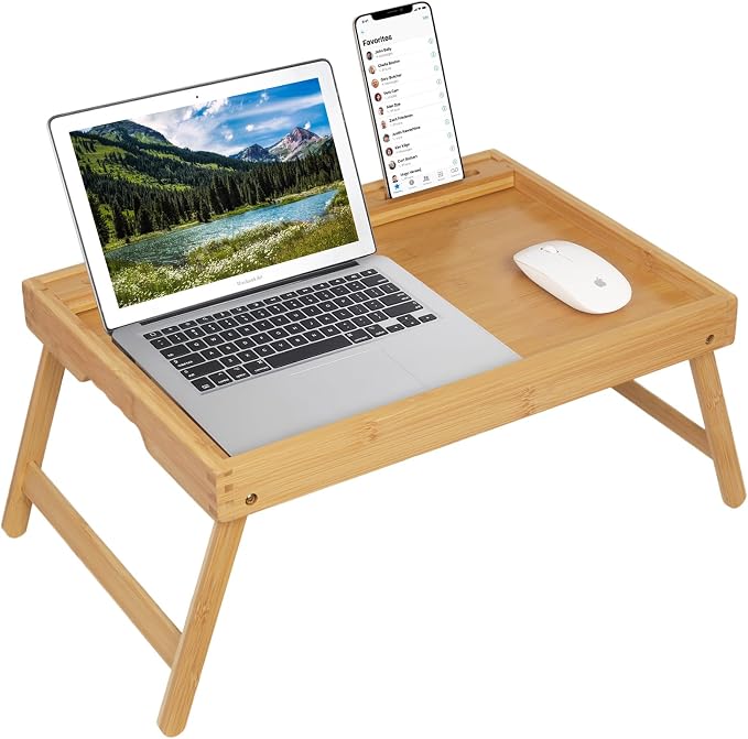 Artmeer Bamboo Bed Tray Table with Device Slot, Folding Legs, Large, Bamboo | FSC-certified bamboo bed tray with folding legs, device slot and handles for meals, laptops, reading and serving in bed.