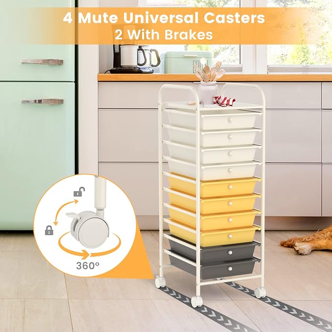 COSTWAY 10-Drawer Rolling Storage Cart, Utility Mobile Trolley | Removable Drawers & Universal Casters & 2 Brakes, Versatile Flexible Drawer Organizer Cart for Home, Office (Yellow)