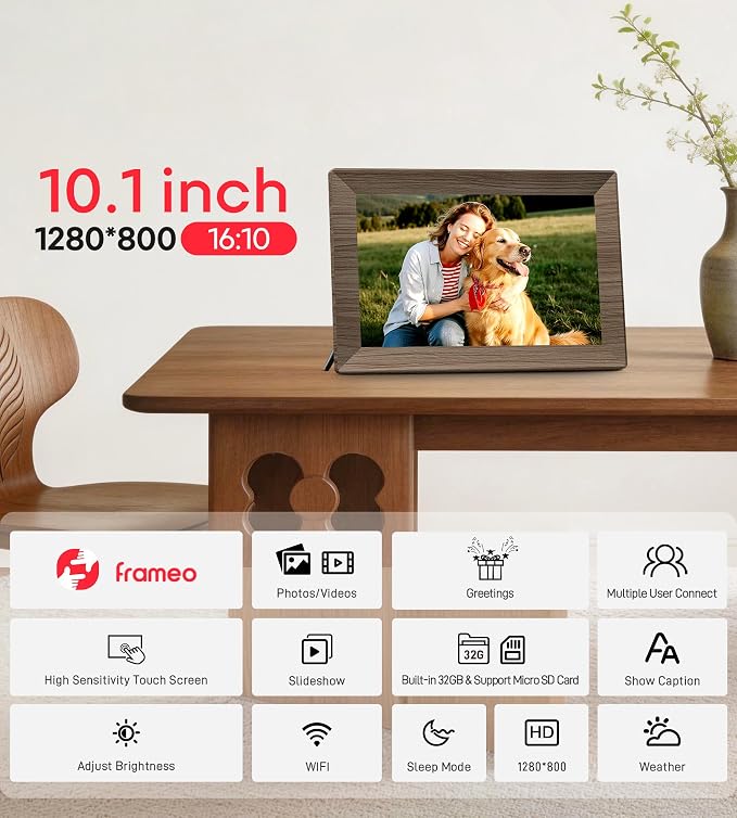Frameo 10.1" Digital Picture Frame with 32GB Memory Wood WiFi Electronic Photo Frame 1280 x 800 IPS Touch Screen Auto-Rotate Slideshow Wall Mountable Share Photos/Video Remotely Anywhere