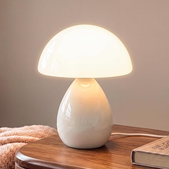 Mushroom Lamp Table Lamp for Bedroom-Small Desk Table Lamps,Cream | Ice Crackle 8.7" Mid Century Modern Table Lamps for Living Room Bedroom Decor,Ceramic Lamps for Home Room Decor,Glass Shade