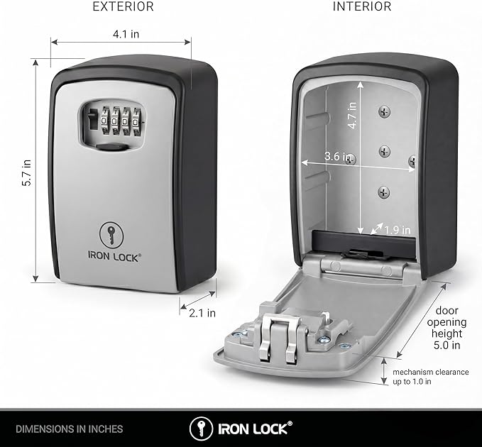 Iron Lock® XXL Wall Mount Key Lock Box, Outdoor Combination Code (Grey) | Fits 20-30 spares plus fobs & cards; unique built-in tray so keys don't fall out; dial cover; screws & anchors included