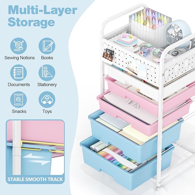 5 Drawer Rolling Storage Cart with Pegboard Top and Hooks, Pink&Blue | Mobile Organizer Cart with Wheels for Office Supplies, Craft Storage, Classroom Organization, Home Utility Cart