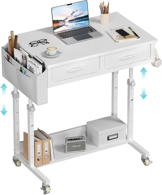 Small White Portable Rolling Desk - 32 Inch Adjustable Mobile Standing Teacher Desks with 2 Fabric Drawers on Wheels, Couch Sofa Side Laptop Table with Storage for Bedroom Home Office, White