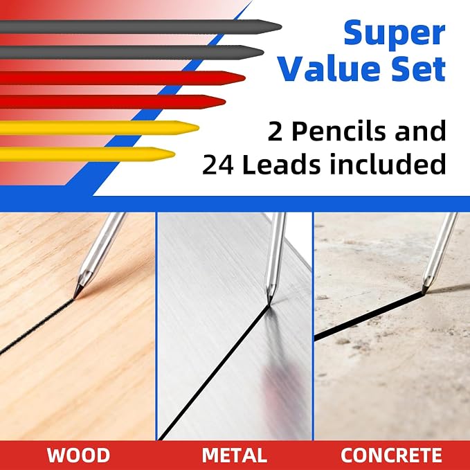 VNW New Aluminum Carpenter Pencils with Finger Grip - Incl.24 Leads - Solid Mechanical Pencils with Fine Point/Marking tools Construction/Carpenters/Scriber,Set of 2