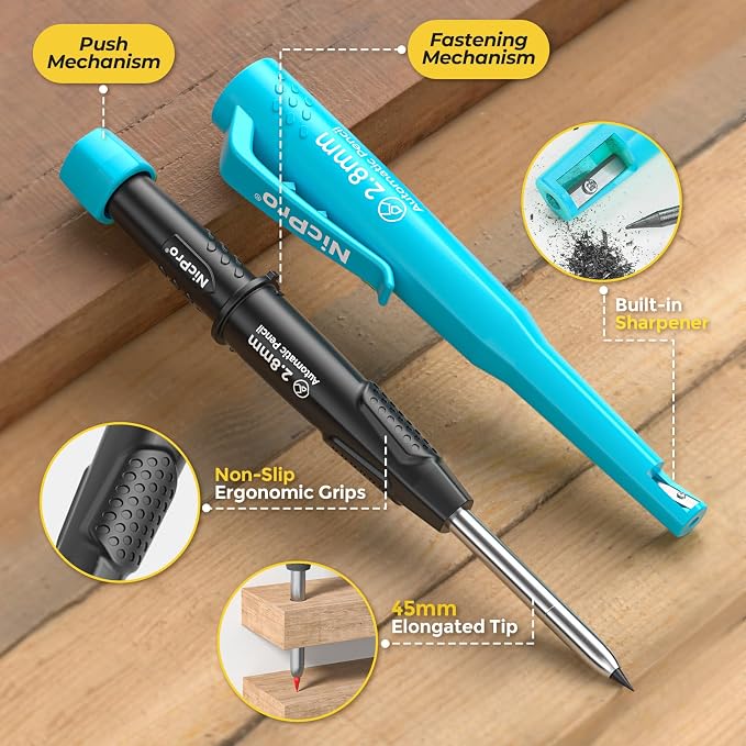 Nicpro Carpenter Pencil with Sharpener, CP3000 Carpenter Mechanical Pencils with 19 Refill, Deep Hole Marker for Construction, Heavy Duty Construction Pencil, Woodworking Tool for Marking - Blue