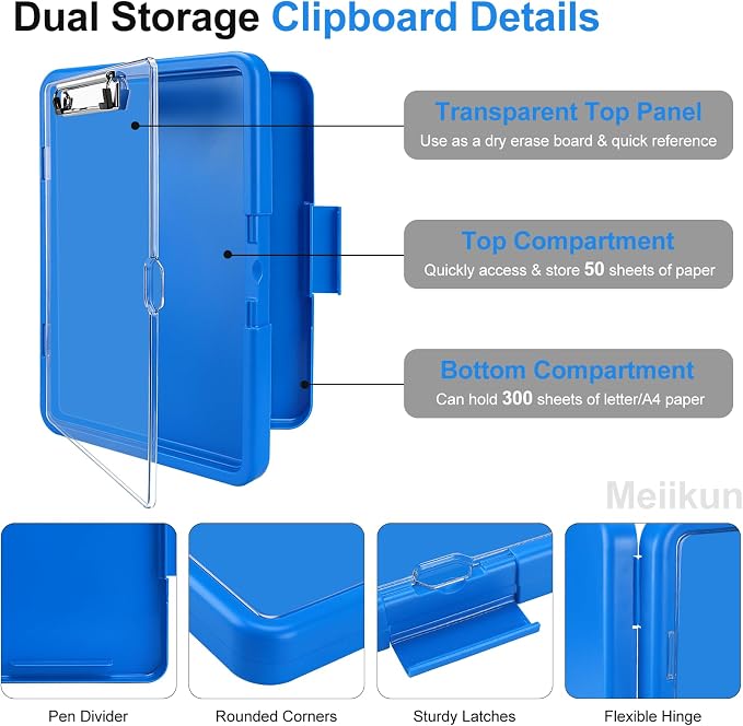 Meiikun Clipboard with Storage, Clip Boards 8.5x11 with Dual Storage, Plastic Clipboards Clear Visible Dry Erase Top Panel, High Capacity Clip Board Organizer for Work School Office (Sapphire Blue)