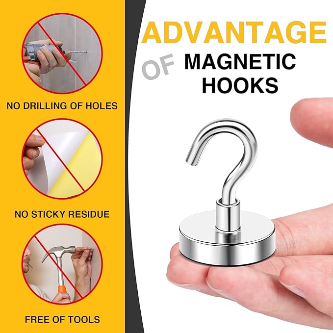 DIYMAG Magnetic Hooks, 120lbs 10pcs Cruise Cabin Essentials Heavy Duty N52 | Strong Neodymium Rare Earth Magnets, for Kitchen, Classroom, Beach, Cruise Cabins, Refrigerator, Hanging Key Clothes Wall Hat