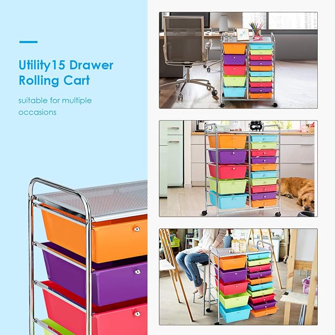 RELAX4LIFE 15 Drawer Rolling Storage Cart, Mobile Drawer Carts for Craft Art Supply Paper Salon, Utility Cart on Wheels for Classroom Teacher School Office, Rolling Cart with Drawers (Multi-Color)