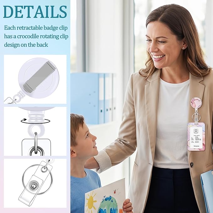 3 Set Heavy Duty Badge Holder with Retractable Reel, Marble Retractable ID Badge Holders with Clip Name Key Card Holder Case for Teacher Nurse Gift for Coworkers